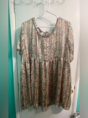 Floral Babydoll Tunic Dress in Sage and Coral by Cozy Co 3X